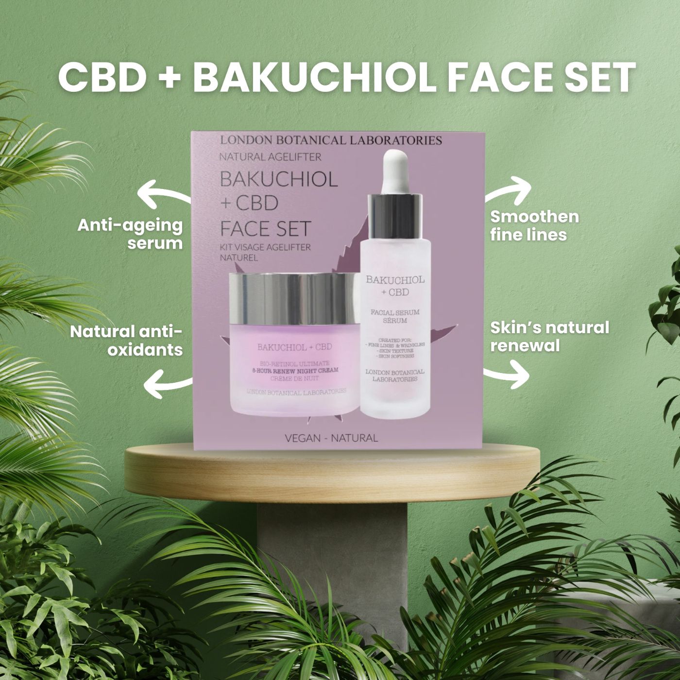 Gesichtsset mit Creme und Serum auf Podest. Produktname und Logo auf der Verpackung. Vegan- und Natur-Label.