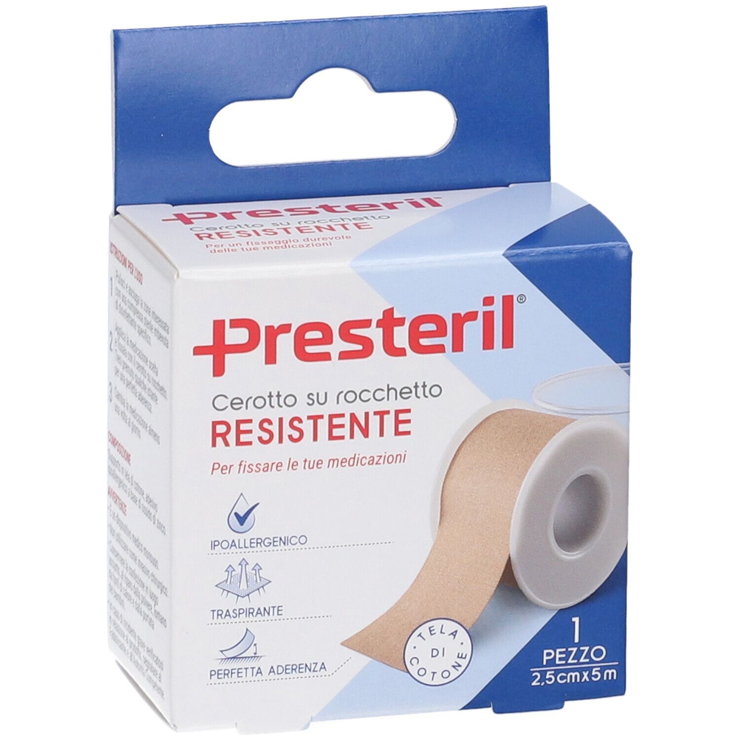 Presteril Cerotto su Rocchetto Resistente Verpackung. Beige Rolle. Produktname, Größe 2,5cm x 5m, hypoallergen, atmungsaktiv.