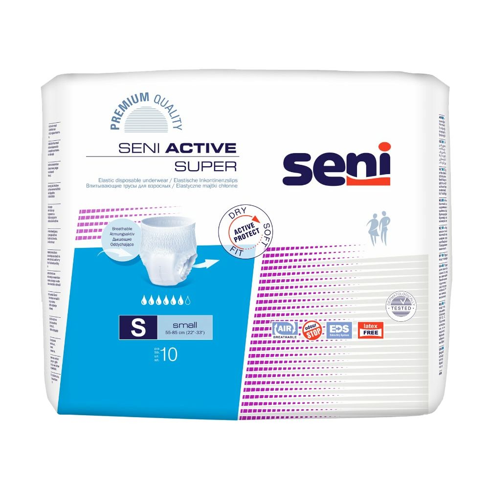 Verpackung Seni Active Super Inkontinenzpants. Größe S, 10 Stück. Logo Seni und Produktbezeichnung.