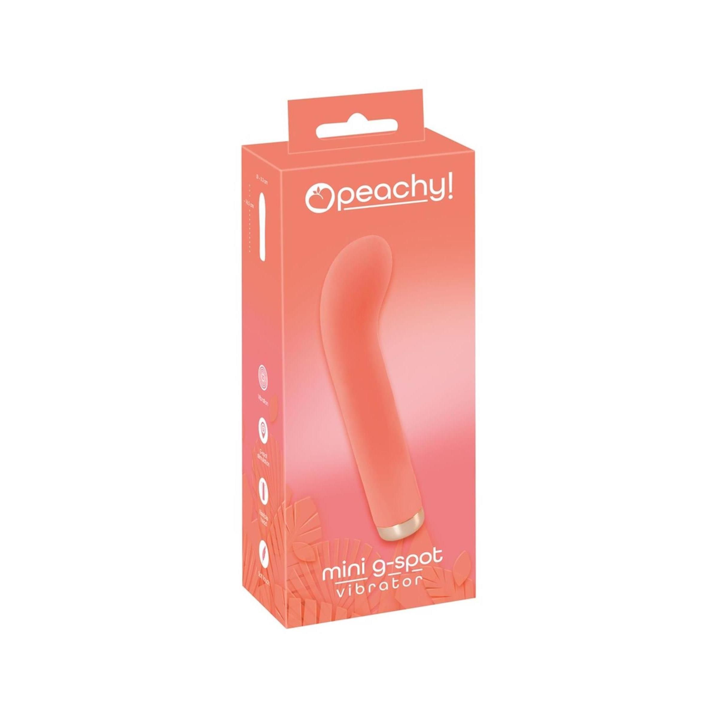 Kompaktvibrator in Peach-Farbe in einer Verpackung. Aufdruck: Peachy!, Mini G-Punkt Vibrator.