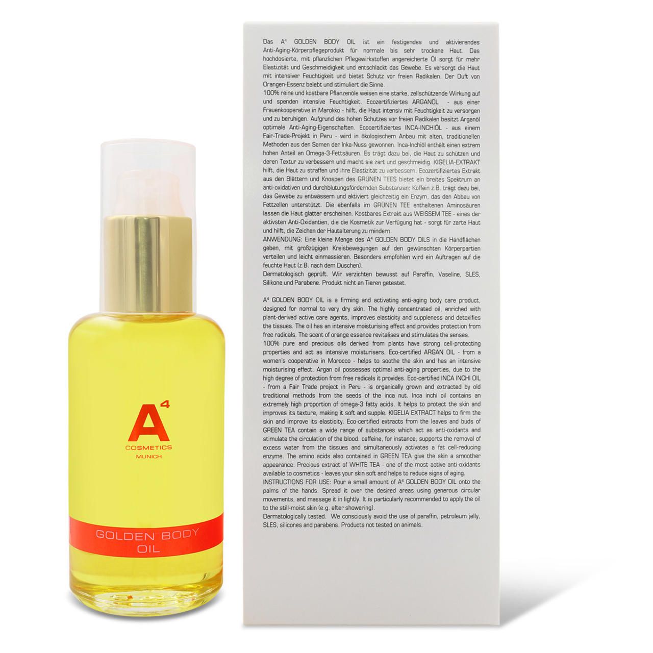 Goldfarbenes Körperöl in Glasflasche mit Spender. Text auf Verpackung. Aufschrift: Golden Body Oil, A4 Cosmetics. Inhaltsstoffe.