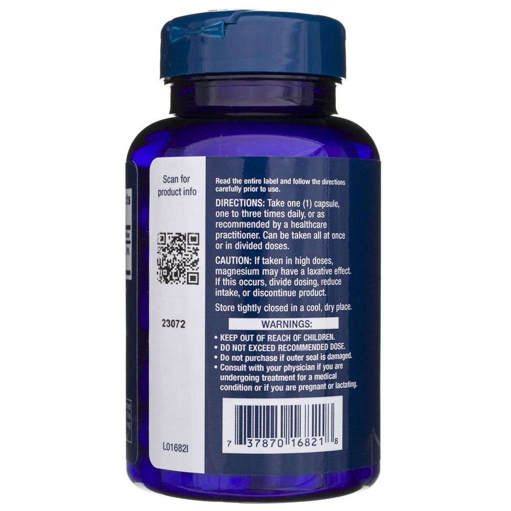 Rückseite einer blauen Flasche mit Life Extension Magnesium (Citrat) 100 mg. Enthält Anweisungen, Warnhinweise und Barcode.