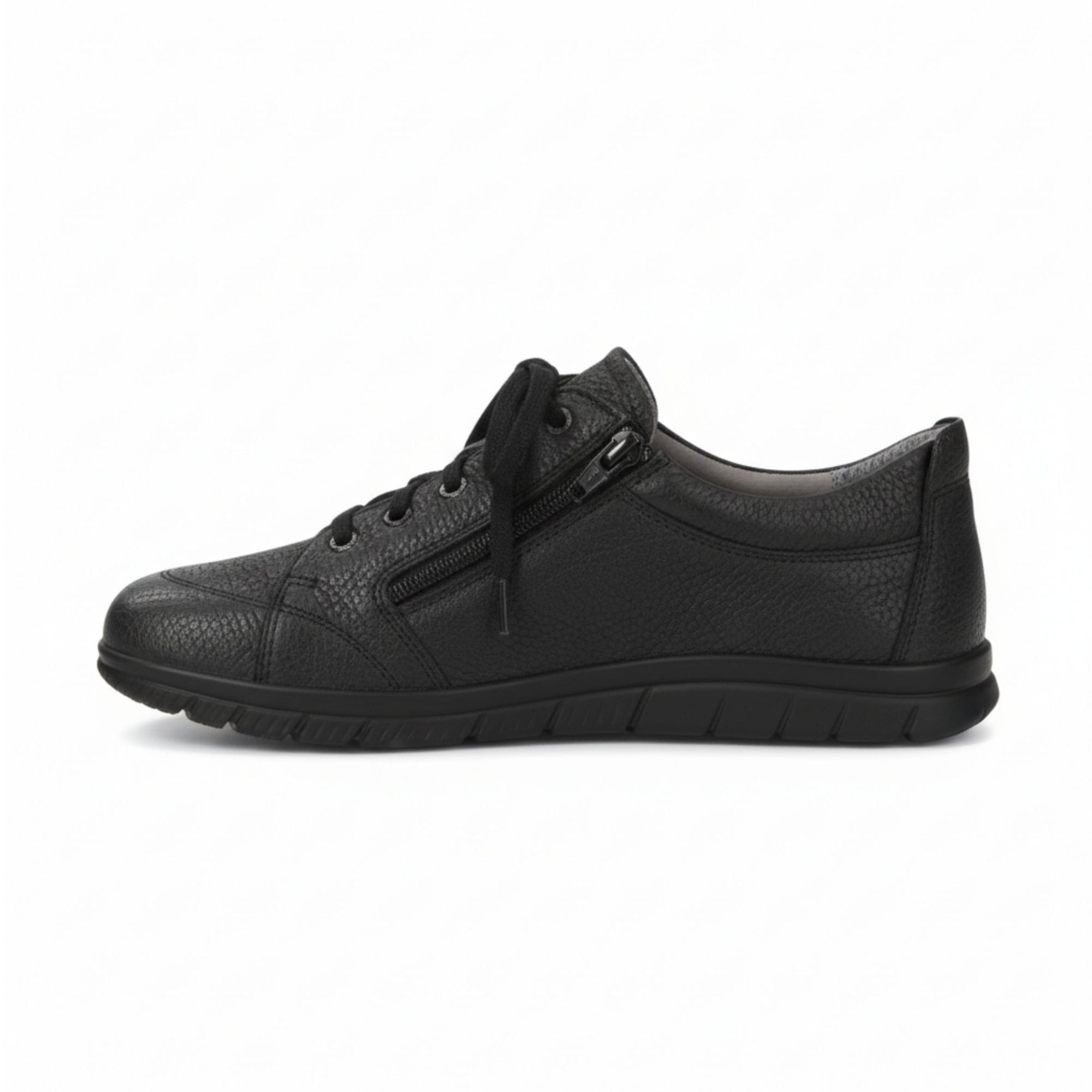 Schwarzer Damen-Schnürschuh mit Reißverschluss, Seitenansicht, breite Passform.