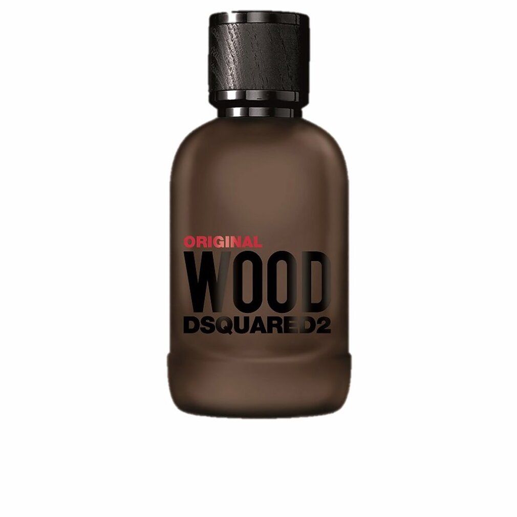 Dsquared2 Wood Original Eau de Parfum Flakon mit schwarzem Verschluss, umgeben von Naturmaterialien.
