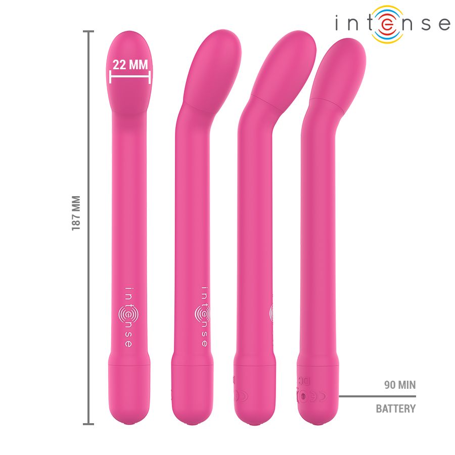 Pinkfarbener G-Punkt-Stimulator. Maße: 187 mm lang, 22 mm breit. Mit Intense-Logo. 90 Min. Akkulaufzeit.