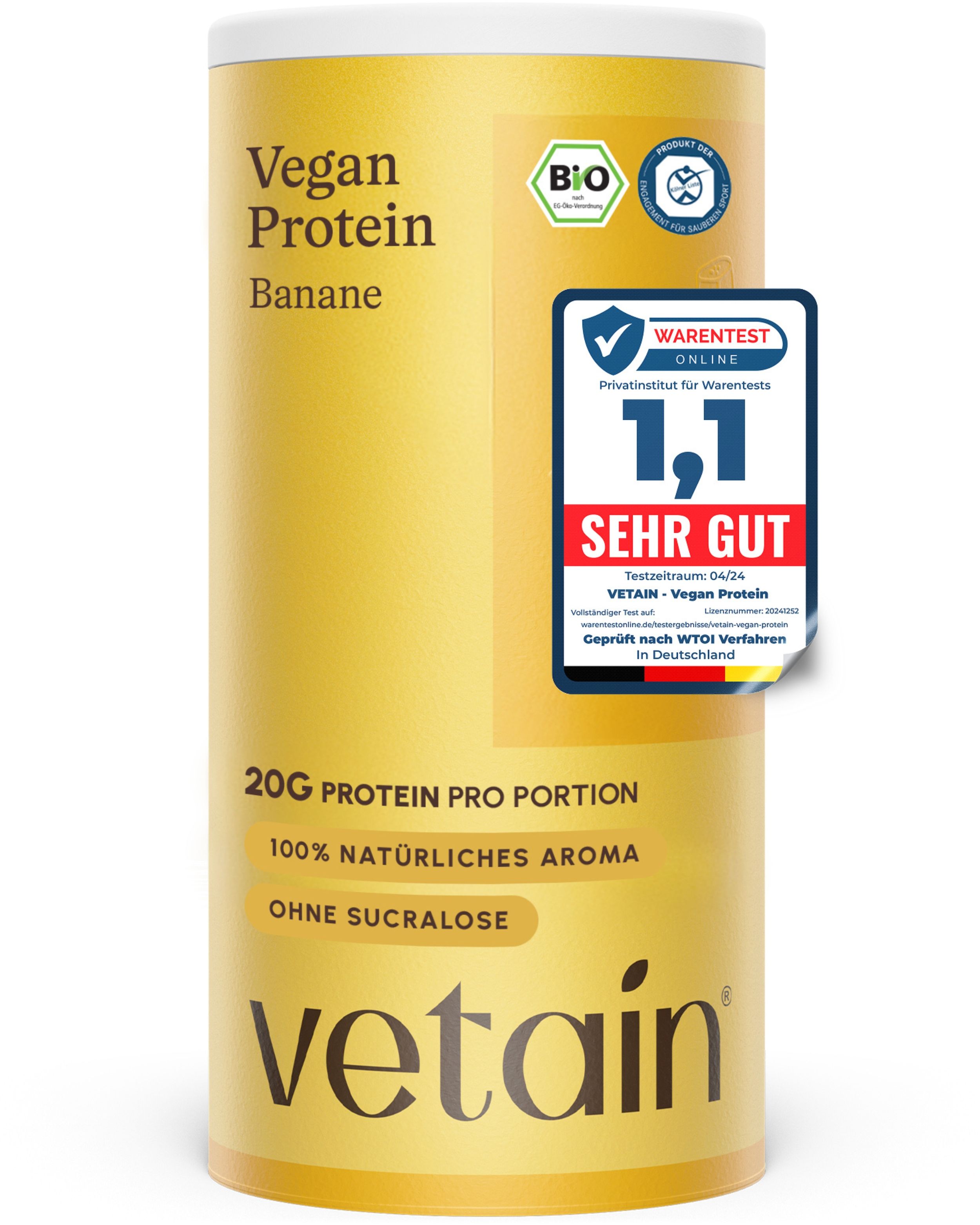 VETAIN veganes Bananen-Proteinpulver mit 20g Protein pro Portion und Bio-Siegel.