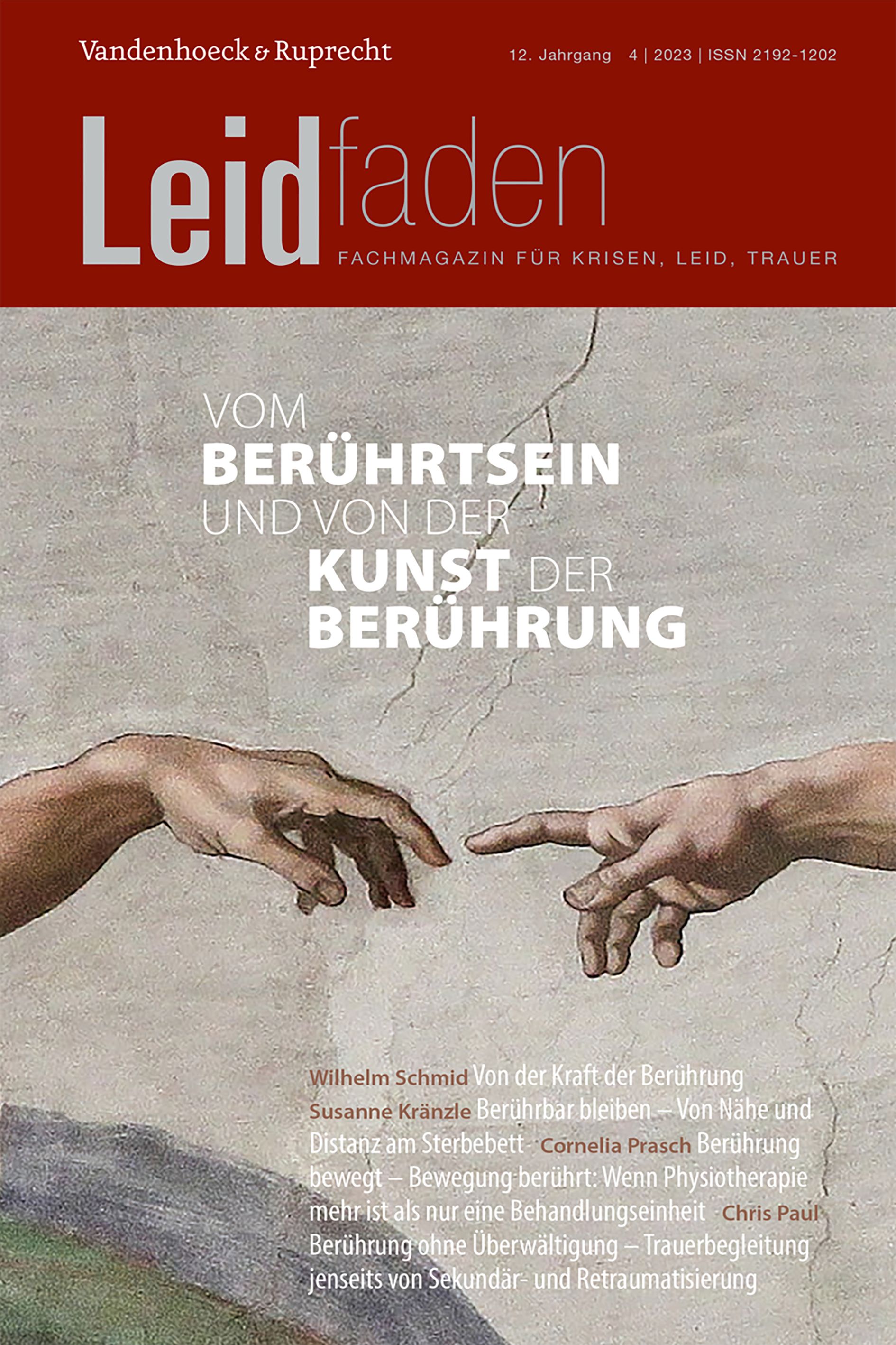 Zeitschrift "Leidfaden". Titel: Vom Berührtsein und von der Kunst der Berührung. Abbildung: Hände berühren sich. Verlag Vandenhoeck & Ruprecht.