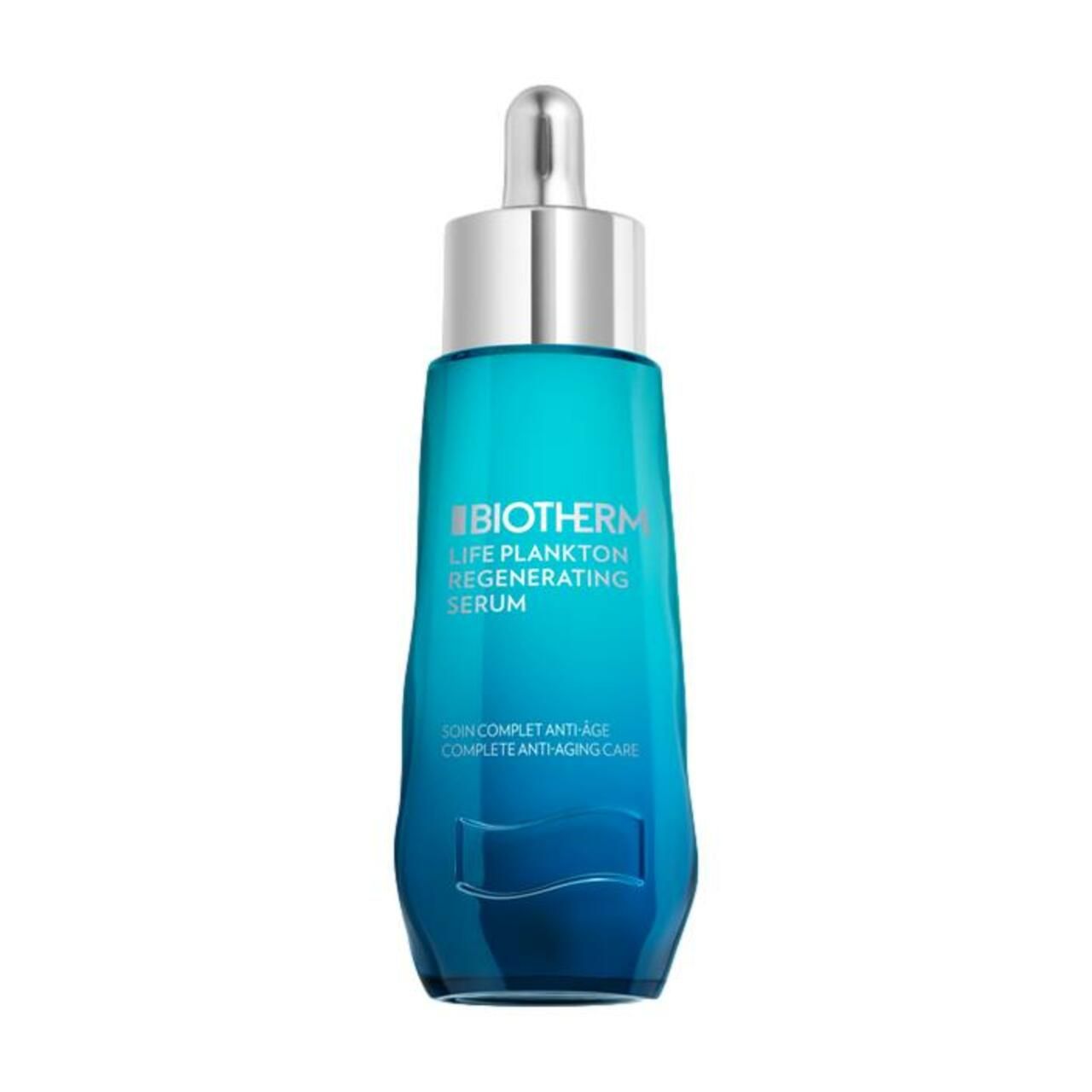 Blau-transparente Flasche mit silberner Pipette. Aufschrift: Biotherm Life Plankton Regenerating Serum.