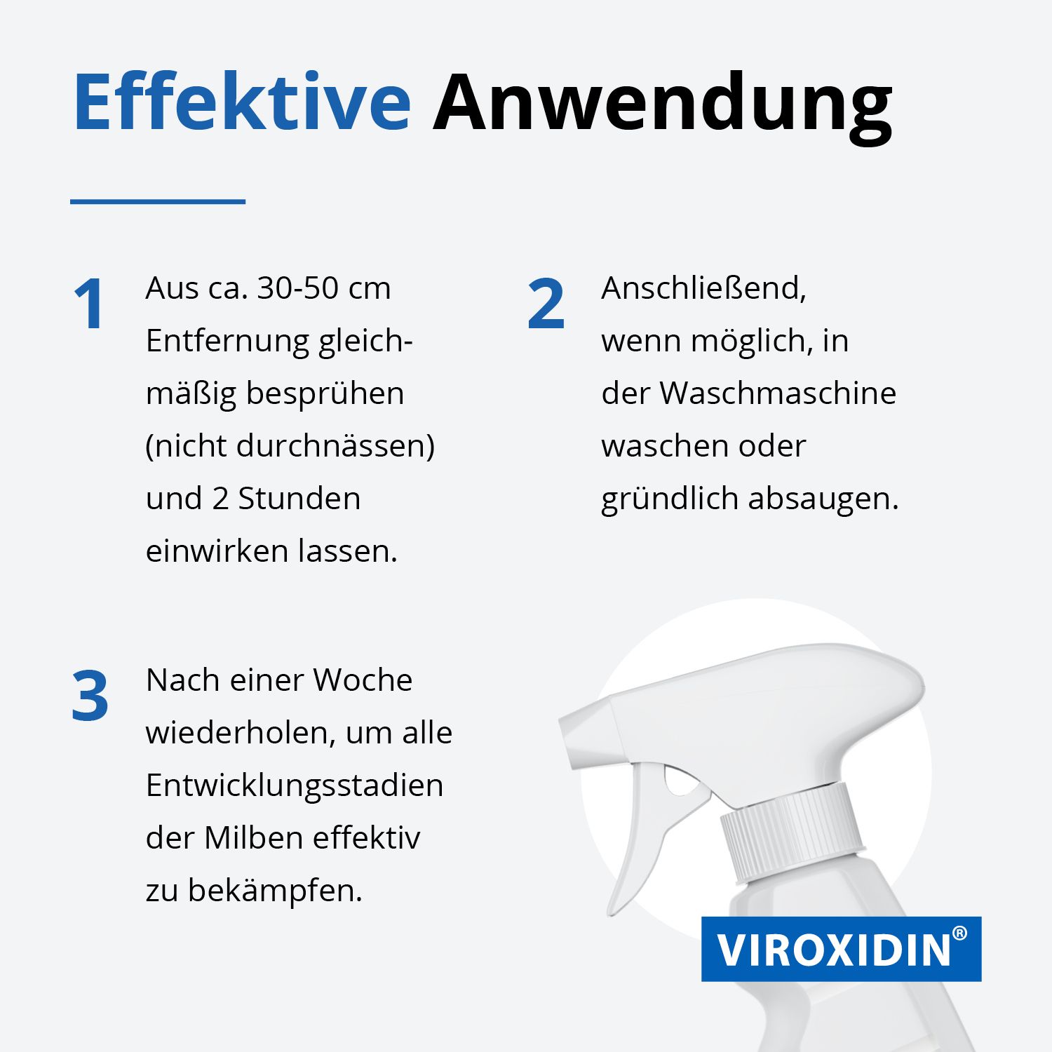 Text mit Produktname Viroxidin. Effektive Anwendung. Schrittweise Anleitung: Besprühen, einwirken lassen, waschen/absaugen, wiederholen.