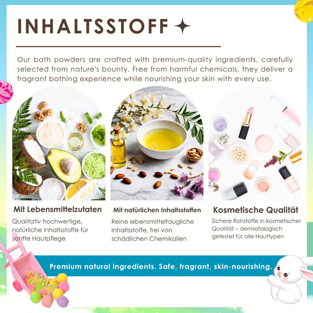 Grafik mit Inhaltsstoffen. Bilder von Zutaten wie Kokos, Avocado, Öl, Blüten, Lippenstift.
