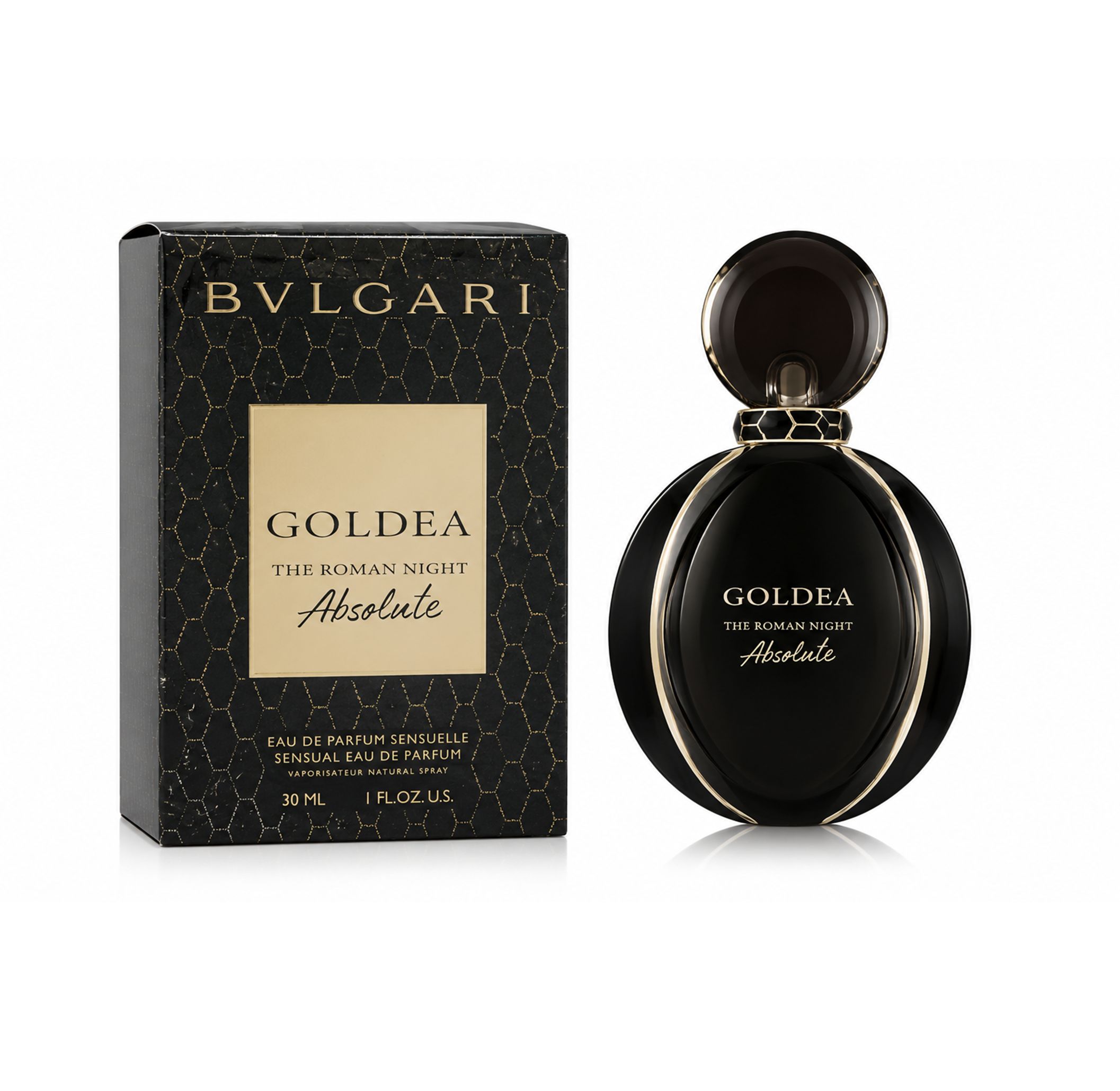 Schwarze Flasche und Verpackung. Aufschrift: Bvlgari Goldea The Roman Night Absolute. 30 ml.