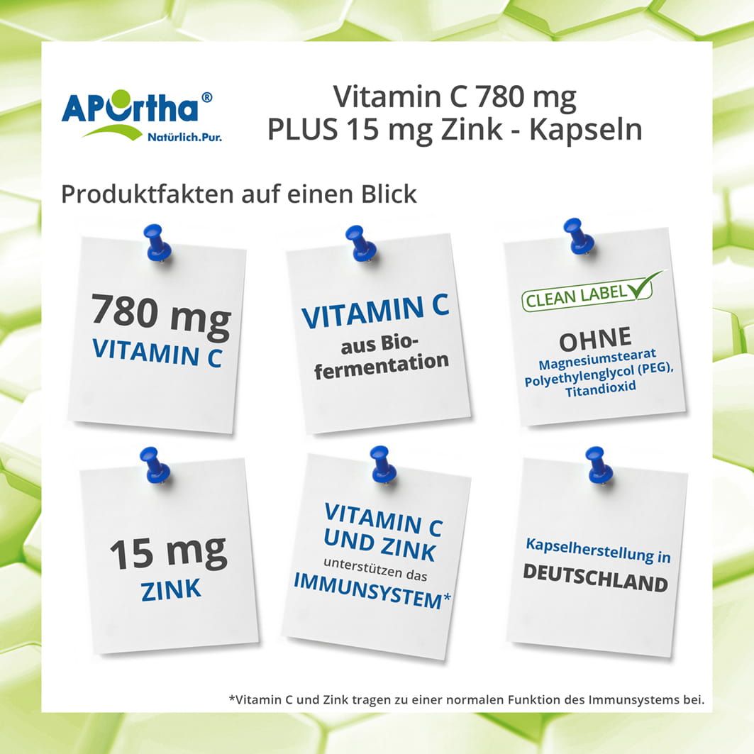 Zettel mit Produktinformationen: 780 mg Vitamin C, Vitamin C aus Bio-Fermentation, 15 mg Zink, Vitamin C und Zink unterstützen das Immunsystem.