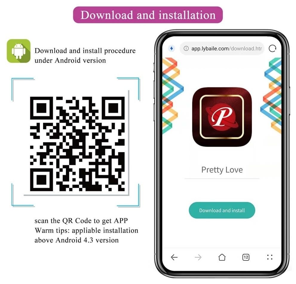 Smartphone mit QR-Code und App-Logo. Text: Download und Installation. App-Name: Pretty Love. Android-Version erforderlich.