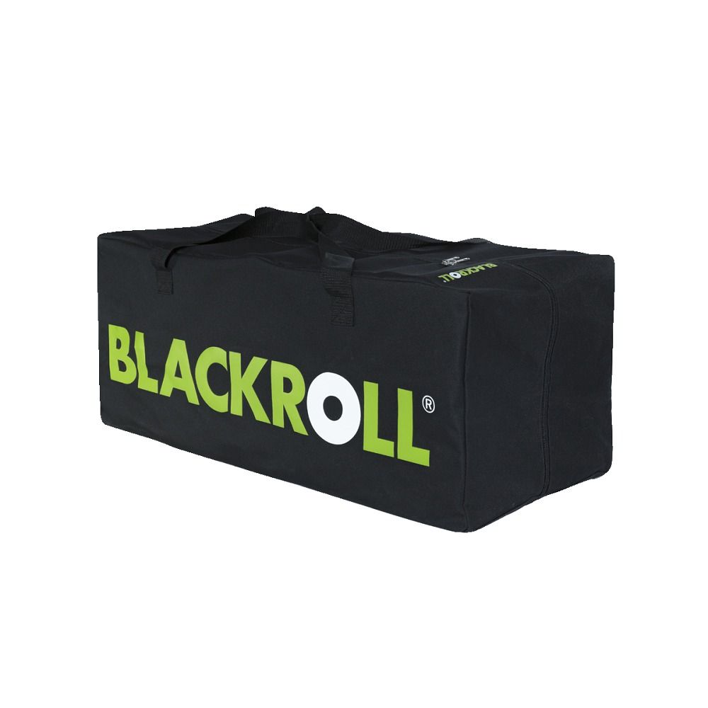 Schwarze Tasche mit grünem Logo. Rechteckige Form, Tragegriffe. Aufschrift: BLACKROLL.