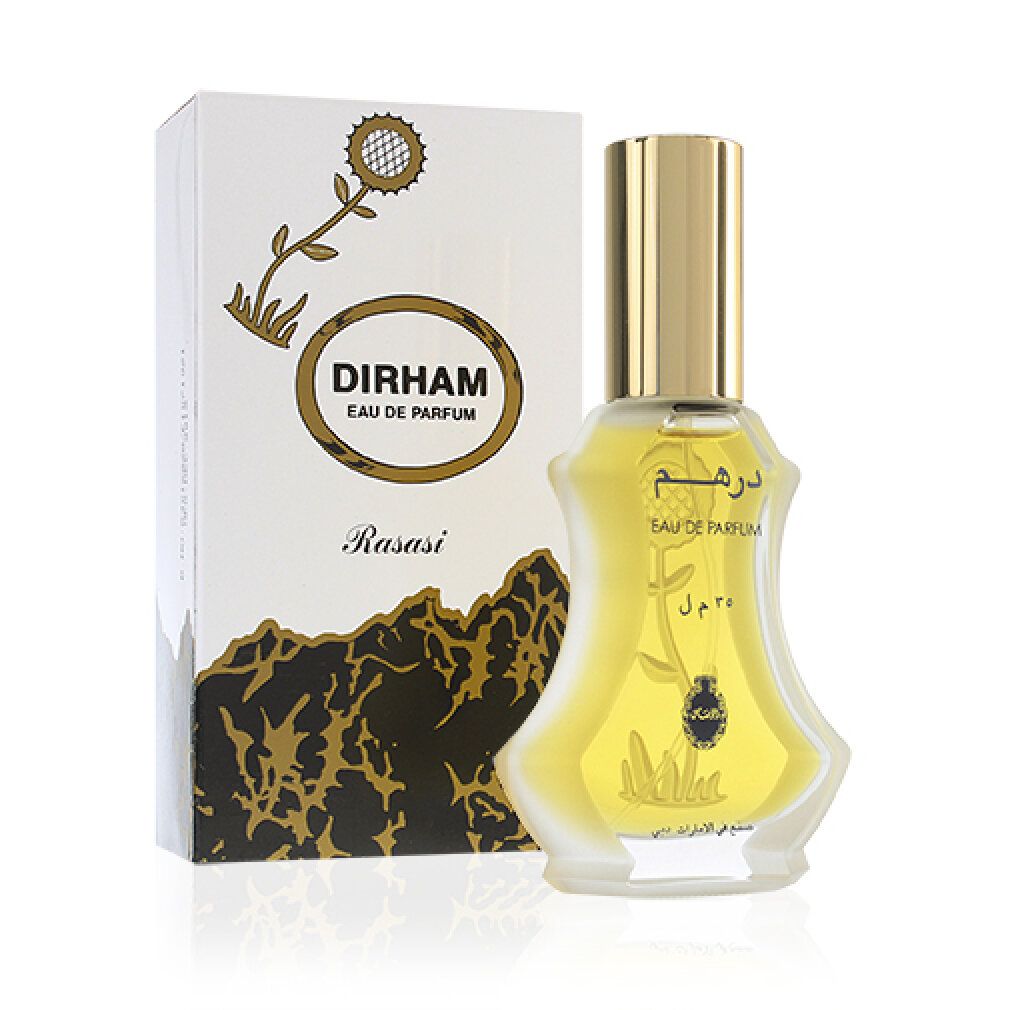 Parfümflakon mit goldener Kappe und Karton. Aufschrift: Dirham Eau de Parfum, Rasasi.