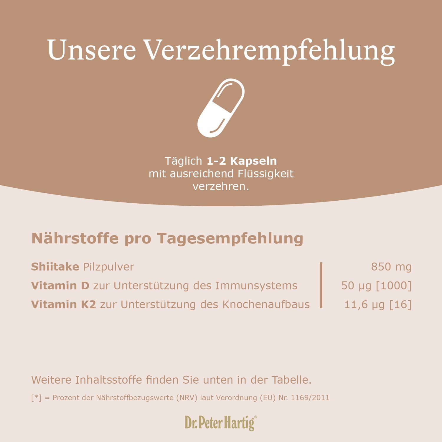 Text mit Verzehrempfehlung: 1-2 Kapseln täglich. Nährwerttabelle: Shiitake Pilzpulver, Vitamin D, Vitamin K2.
