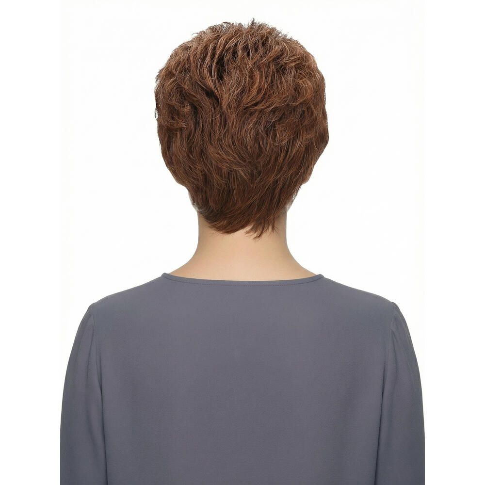 Rückansicht einer kurzhaarigen, rotbraunen Perücke. Die Perücke bedeckt den Hinterkopf einer Person.