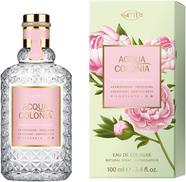 Flakon und Verpackung von Acqua Colonia. Flakon mit rosa Etikett, goldener Verschluss. Verpackung mit Blütenmotiv.