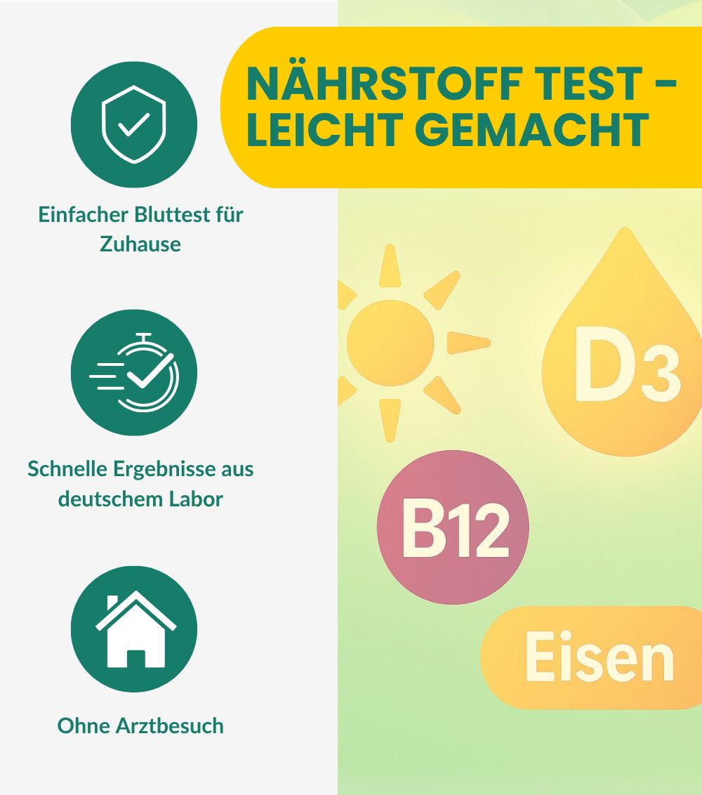 Grafik mit Text: Einfacher Bluttest für Zuhause. Schnelle Ergebnisse. Ohne Arztbesuch. Symbole: Tropfen, Sonne, B12, Eisen.