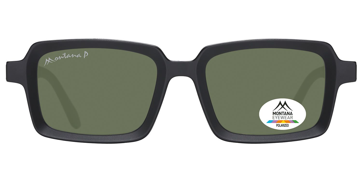 Schwarze Sonnenbrille mit rechteckigen Gläsern und grünem Farbton. Montana Eyewear Logo und polarisiertes Siegel.