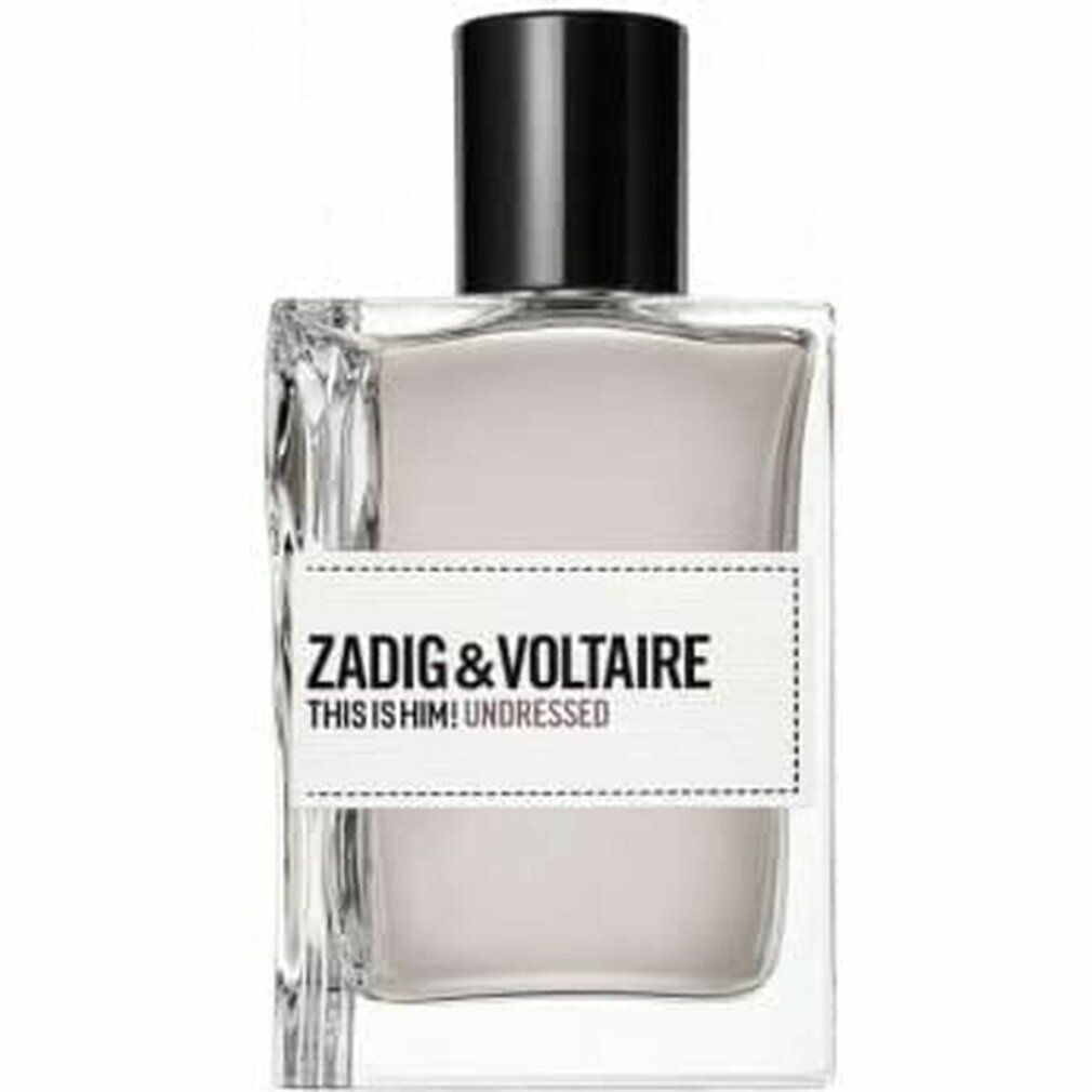 Glasflakon mit schwarzem Verschluss. Weißes Etikett mit "ZADIG & VOLTAIRE THIS IS HIM! UNDRESSED".