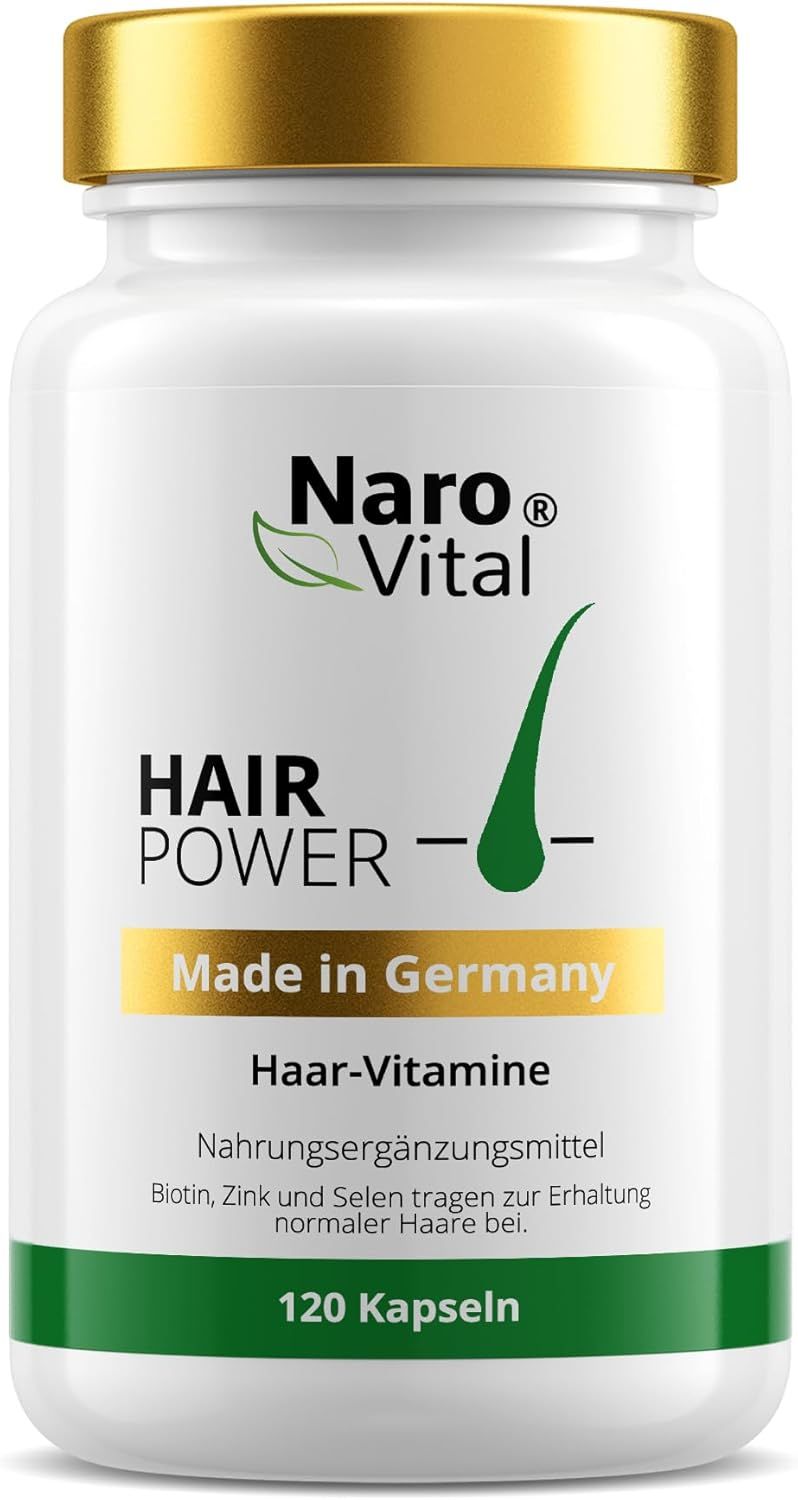 Weiße Flasche mit goldfarbenem Deckel. Aufschrift: Naro Vital Hair Power, Haar-Vitamine, 120 Kapseln. Made in Germany.