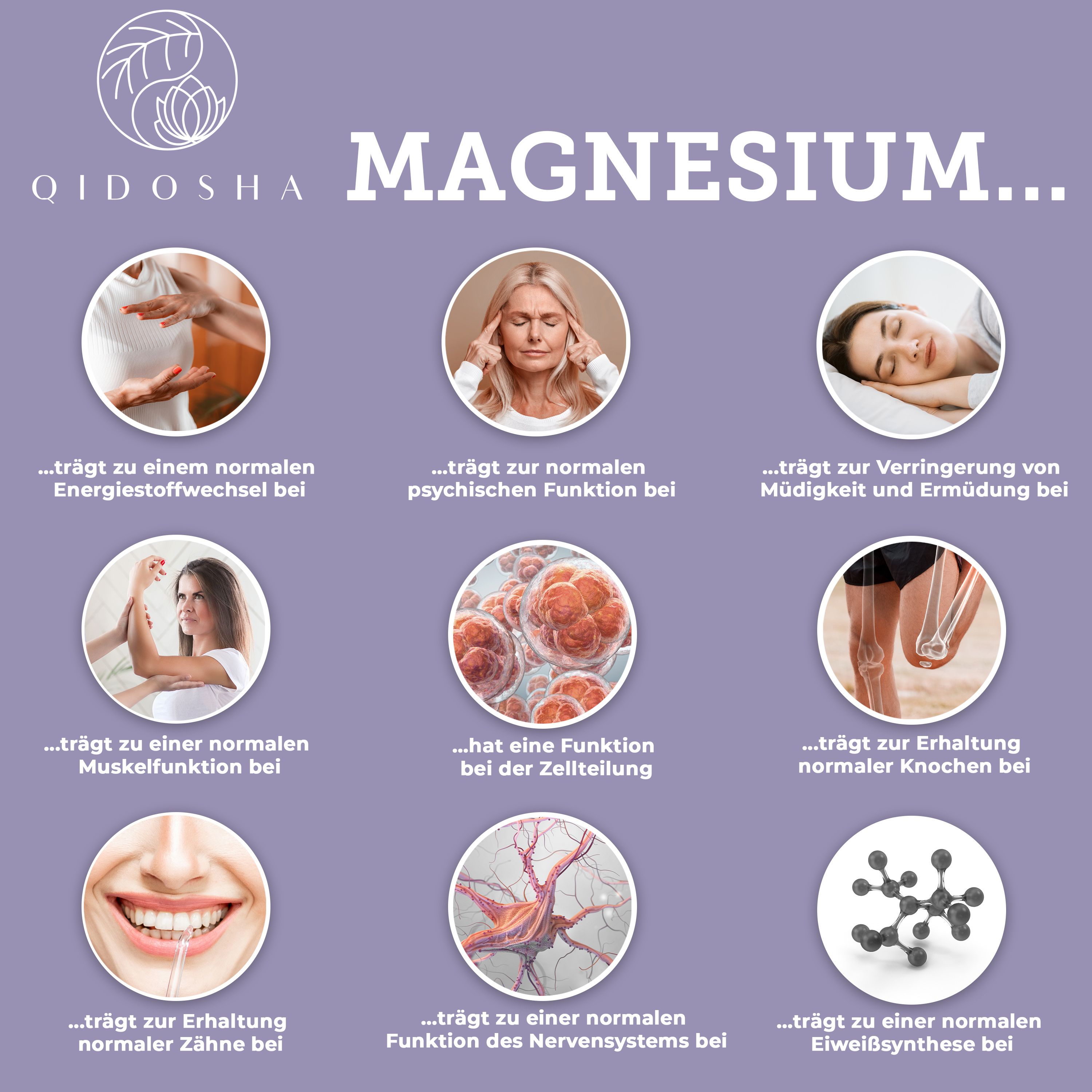 Infografik mit Icons. Themen: Energie, Psyche, Müdigkeit, Muskelfunktion, Zellteilung, Knochen, Zähne, Nervensystem, Eiweiß.