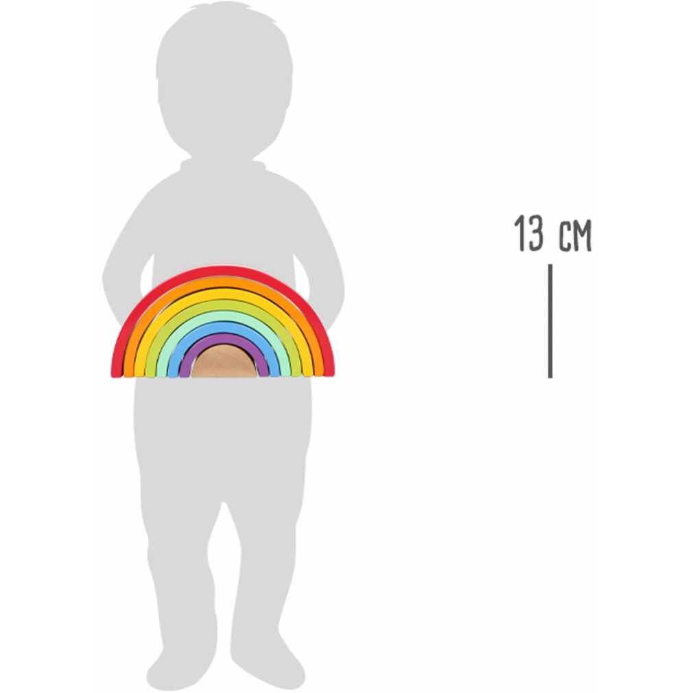 Regenbogen-Holzspielzeug, gehalten von einer Person. 13 cm hoch.