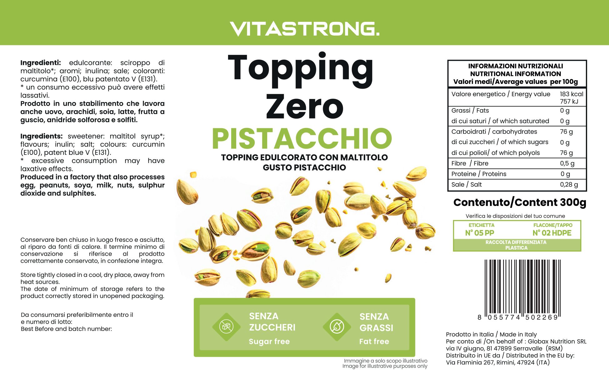 Etikett mit Produktinformationen. Aufschrift: Vitastrong Topping Zero Pistacchio. Abbildung von Pistazien. Angaben zu Inhaltsstoffen und Nährwerten.