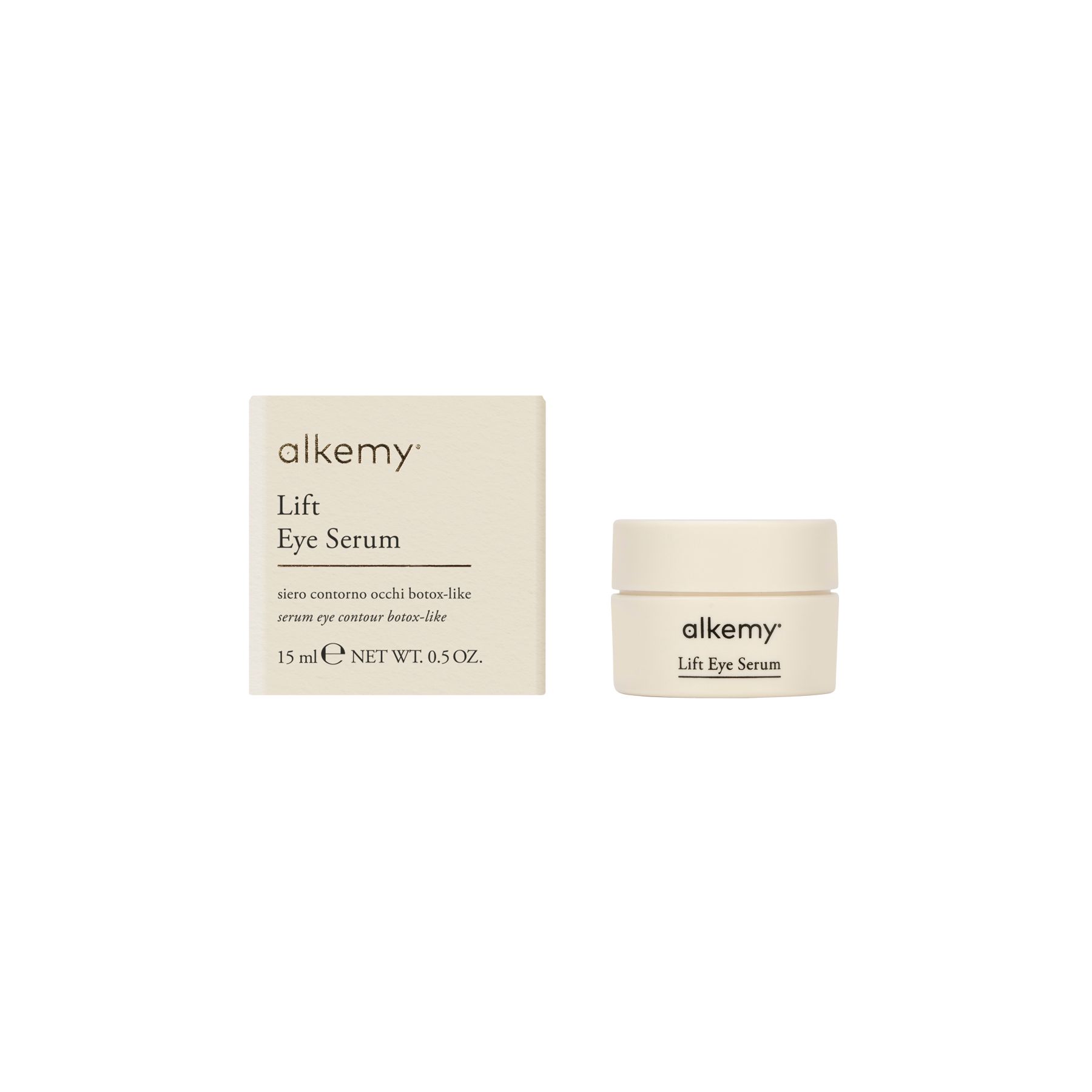 Alkemy Lift Eye Serum Tiegel und Faltschachtel.