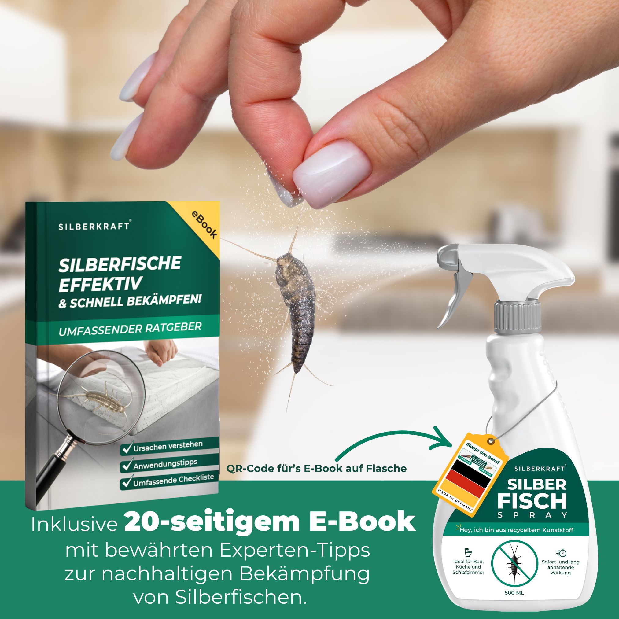 Hand hält Silberfisch über Sprayflasche und E-Book. Flasche mit Produktname. E-Book mit Titel und QR-Code.