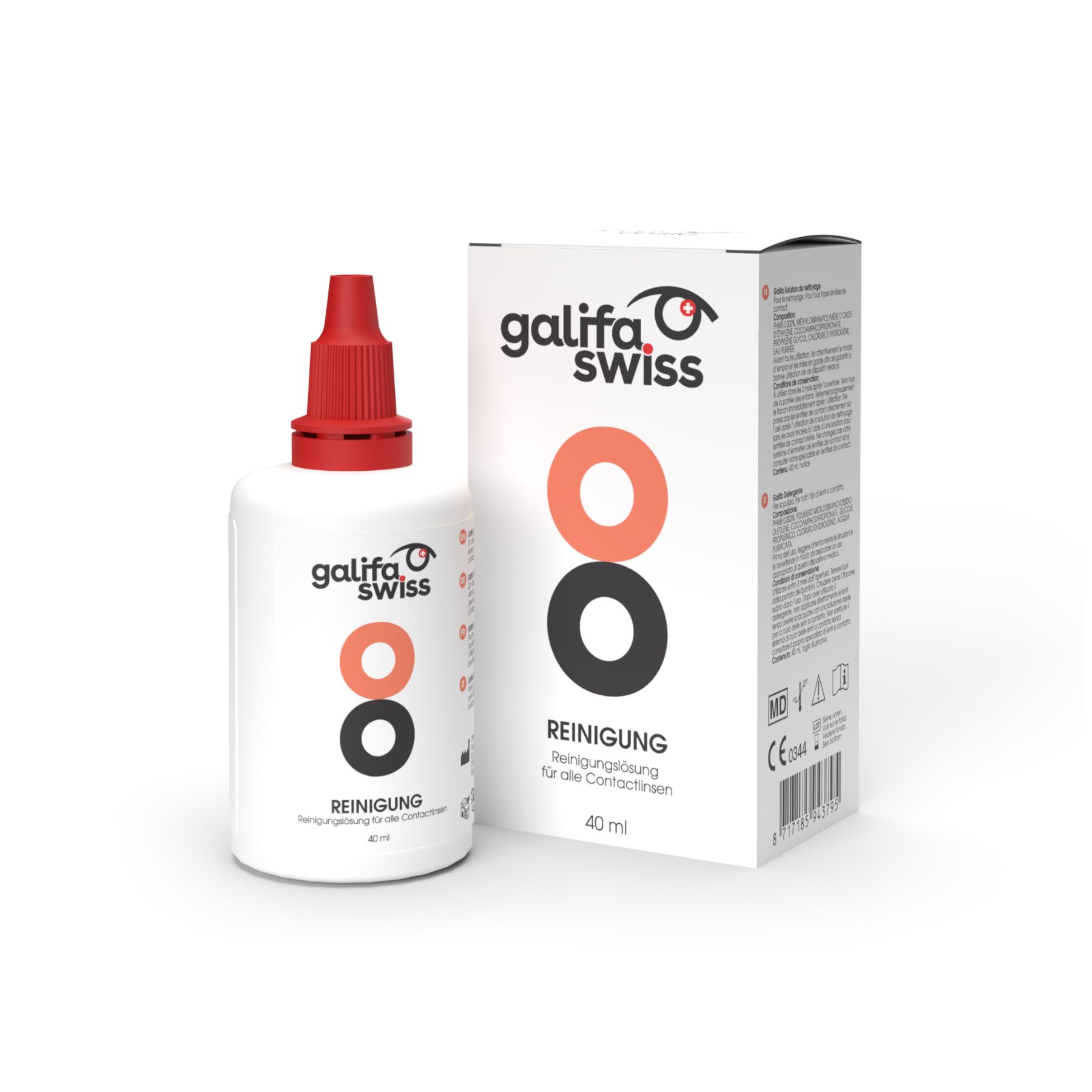 Kontaktlinsenreiniger-Flasche und Karton. Flasche mit rotem Verschluss, Karton mit Logo und Produktinformationen.