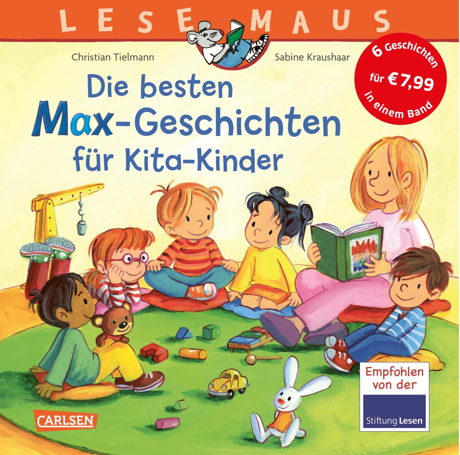 Buchcover: LESEMAUS, Titel 'Die besten Max-Geschichten für Kita-Kinder'. Illustration von Kindern, Maus, Text. Preis- und Logo-Hinweis.