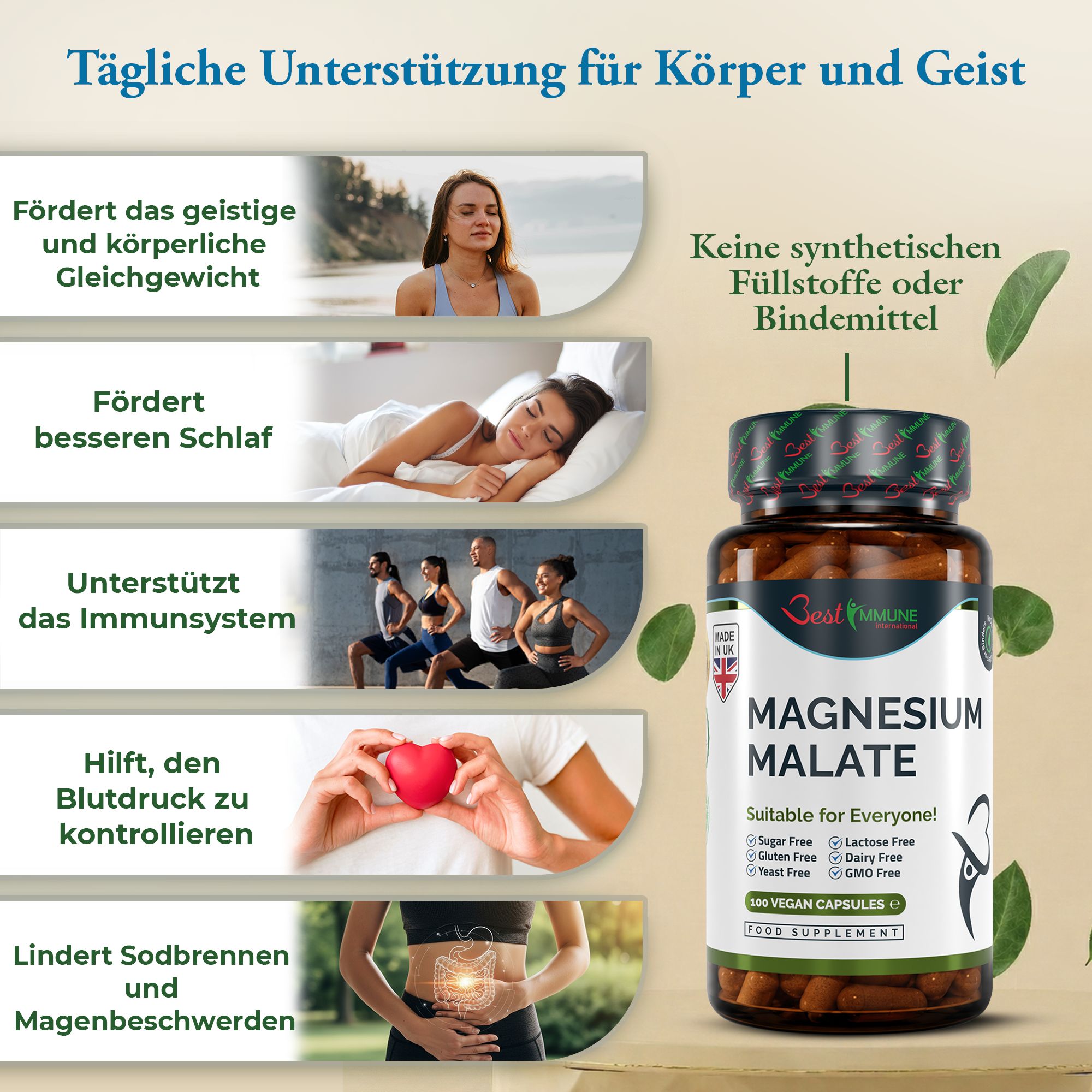 Grafik zeigt Vorteile von Magnesiummalat: geistiges Gleichgewicht, Schlaf, Immunsystem, Blutdruck, Sodbrennen.
