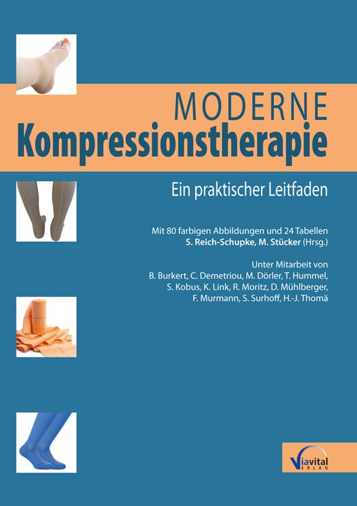 Buchcover: Moderne Kompressionstherapie. Titel in Orange auf blauem Hintergrund. Abbildungen von Kompressionsstrümpfen und Bandagen.
