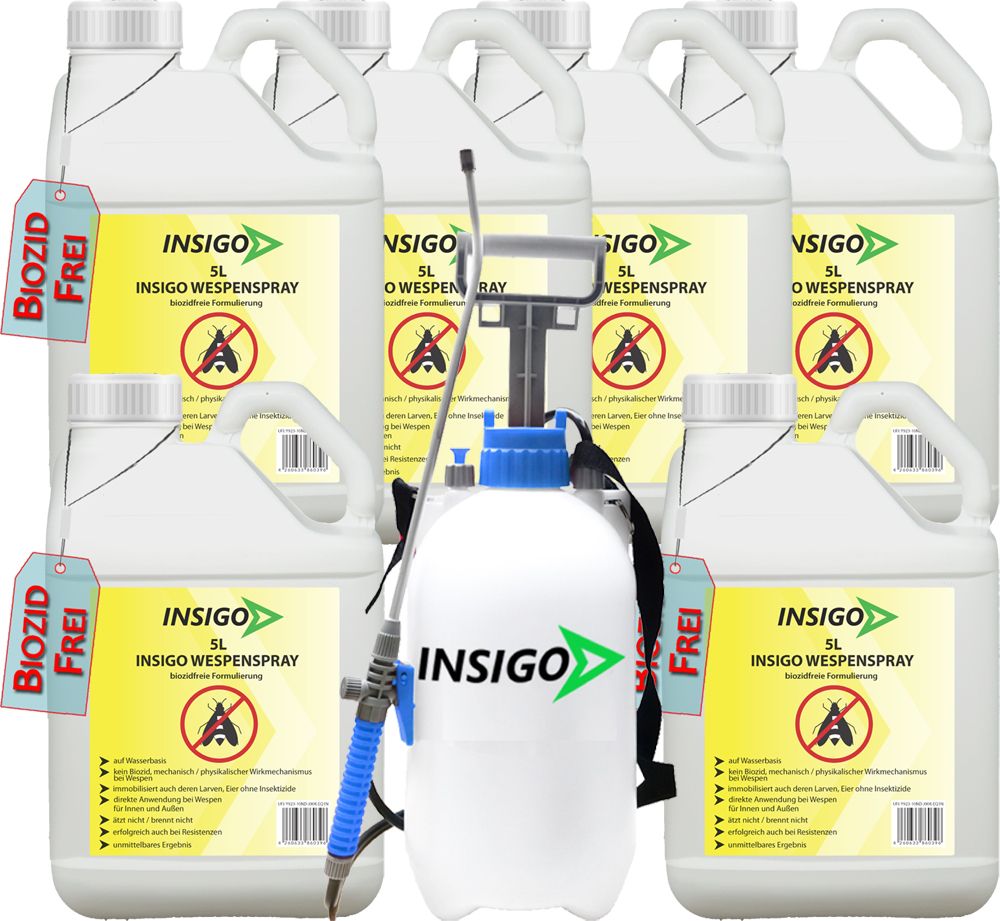 Mehrere Behälter und ein Sprühgerät. Auf den Behältern steht INSIGO Wespenspray. Aufkleber BIOZID FREI.