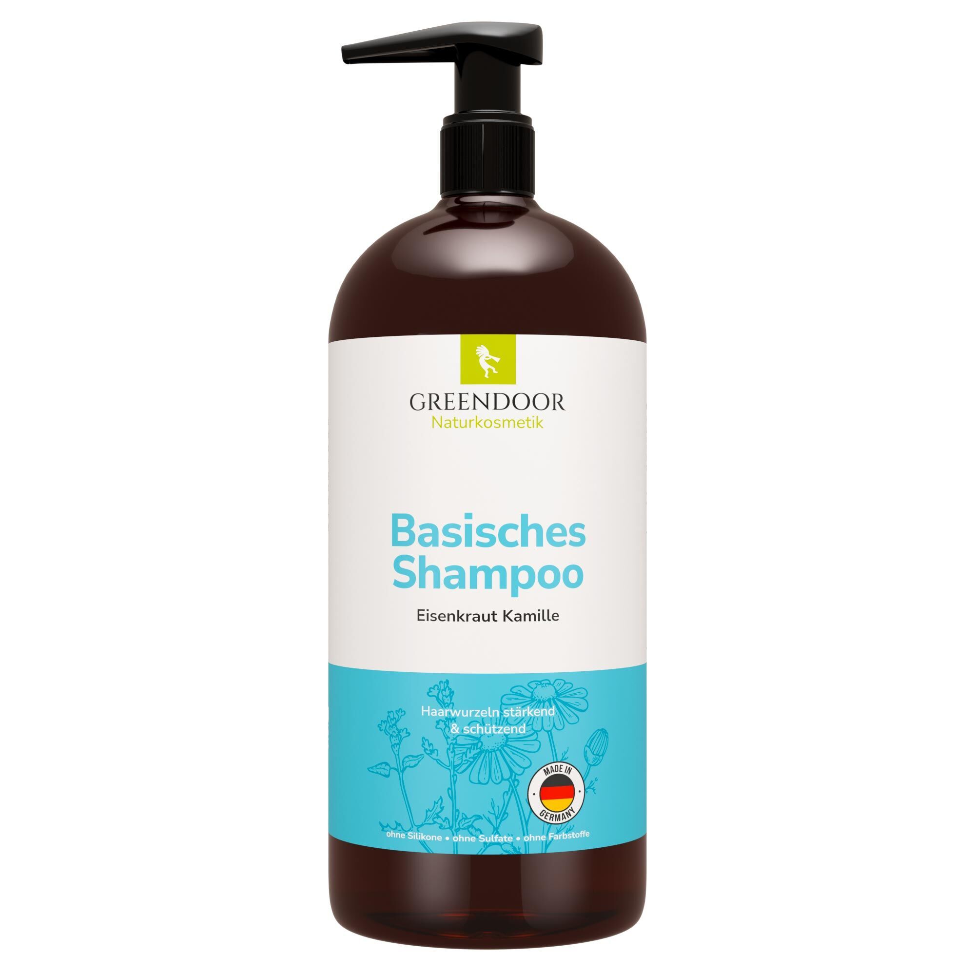 GREENDOOR Basisches Shampoo mit Eisenkraut und Kamille in brauner Pumpflasche.