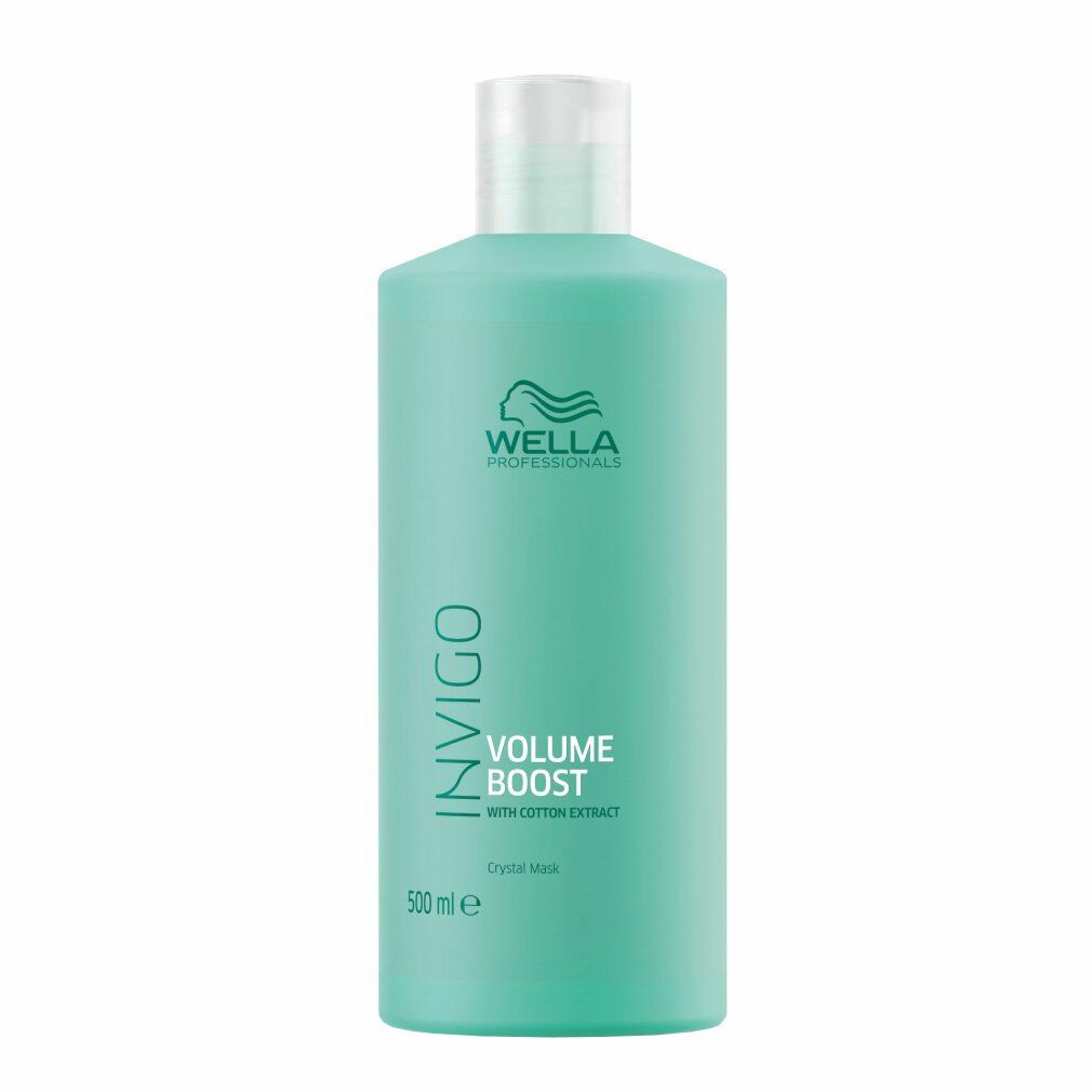 Türkisgrüne Flasche mit weißem Deckel. Aufschrift: Invigo, Volume Boost, Wella Professionals. Volumen: 500 ml.