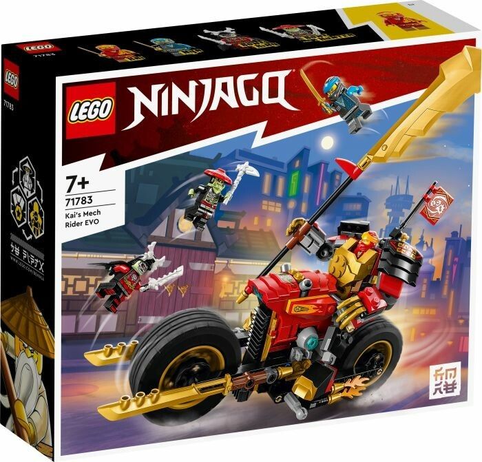 LEGO Ninjago 71783 Kais Mech-Bike EVO. Confezione con moto-robot e personaggi. Moto rossa e oro con ruota grande e spada. Personaggi in volo.