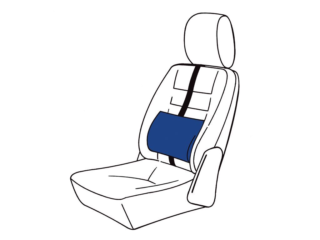 Blaues Sissel® Tour Lendenstützkissen in einer Autositze. Mit Befestigungsgurten.