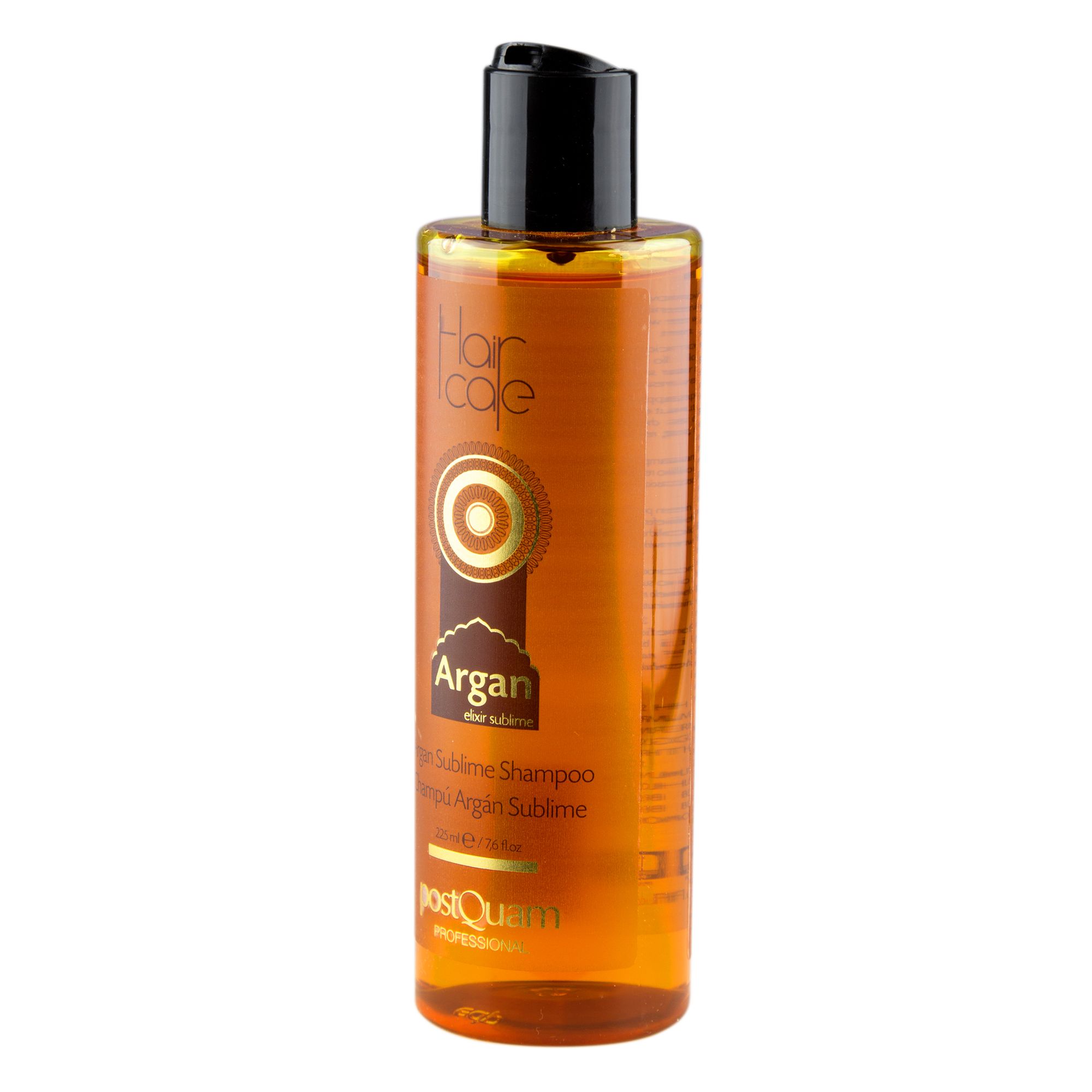 Flasche Shampoo mit Arganöl. Braune Flüssigkeit, schwarzer Deckel. Aufschrift: Hair care, Argan Sublime, postQuam.