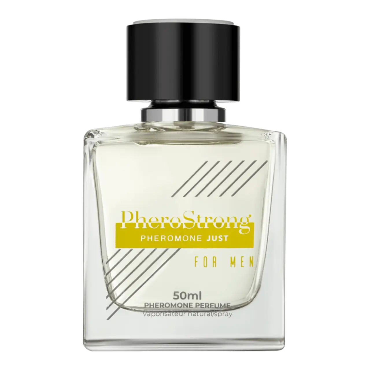 Parfümflasche mit schwarzem Verschluss und gelbem Etikett. Auf dem Etikett steht Text. Diagonale Linien auf dem Flaschenglas.