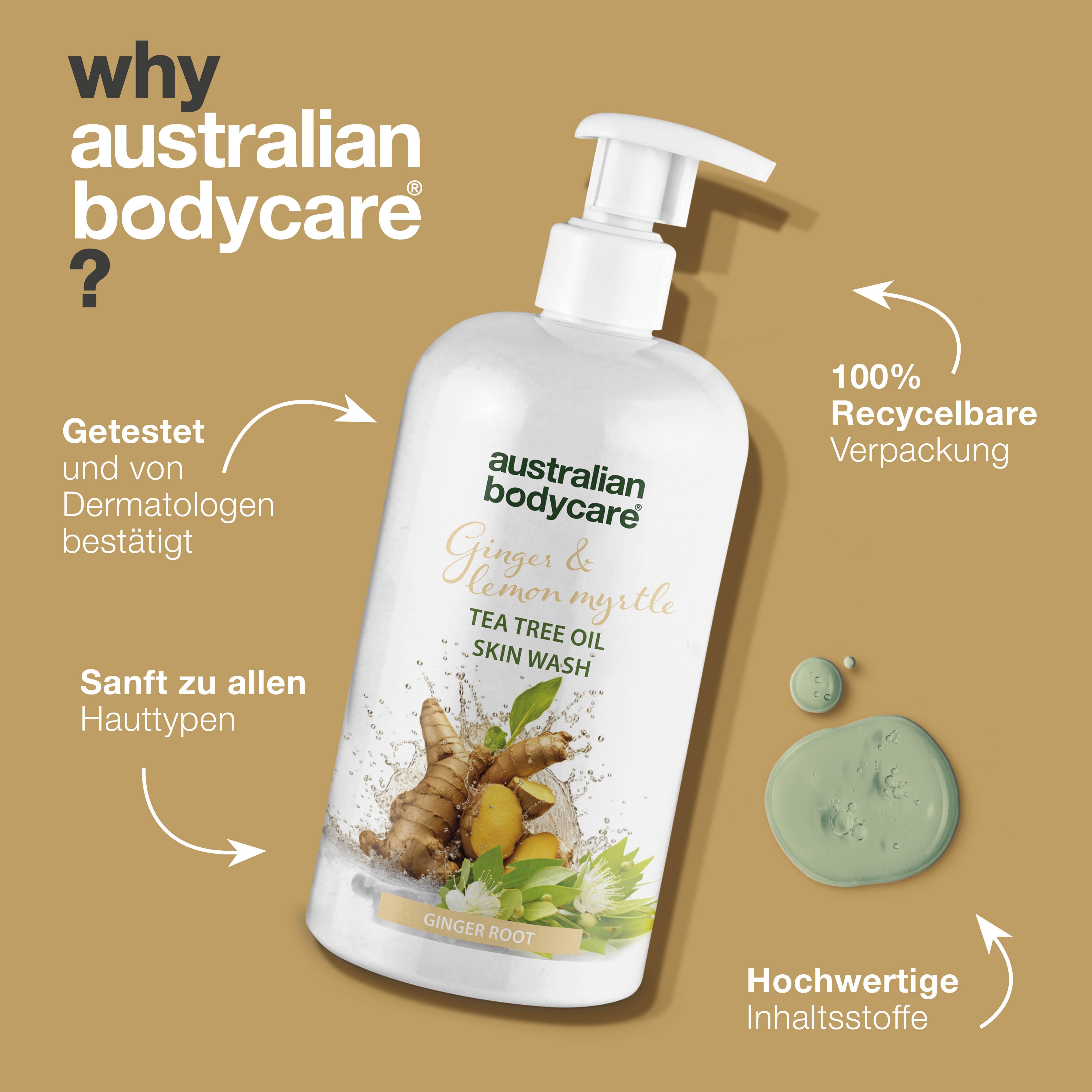Produktflasche. Text: Why Australian Bodycare? Aufschrift: Australian Bodycare, Ginger & Lemon Myrtle, Tea Tree Oil Skin Wash.
