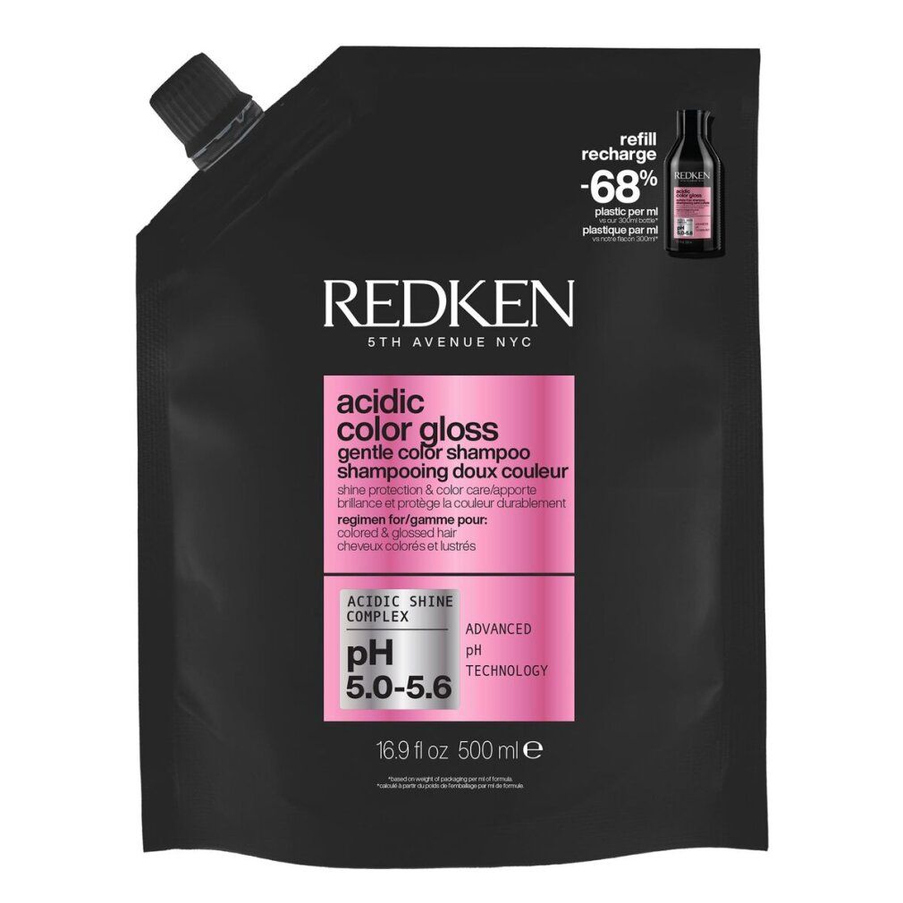 Schwarzer Nachfüllbeutel mit Produktinformationen. Enthält das Logo von Redken, Produktname und pH-Wert. 500 ml.