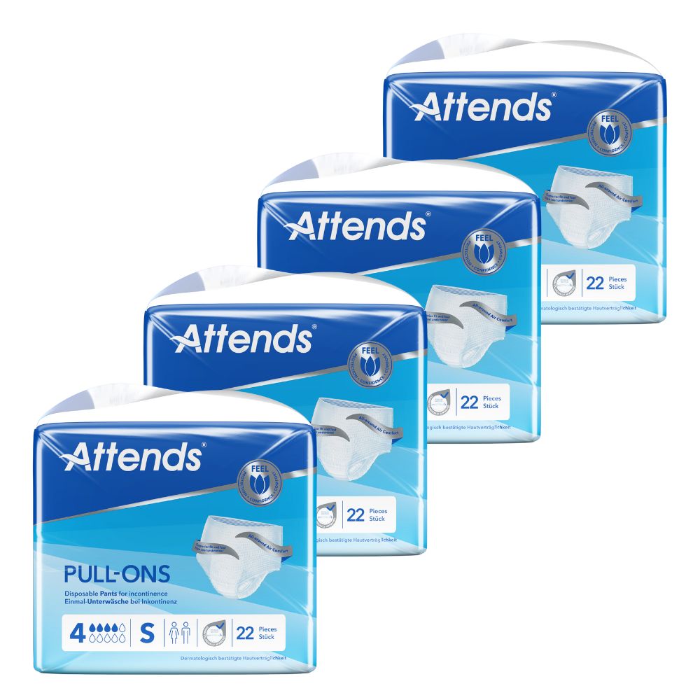 Vier Packungen Attends® Pull-Ons 4 Einmalhosen. Blaue Verpackung mit Produktabbildung und Schriftzug.