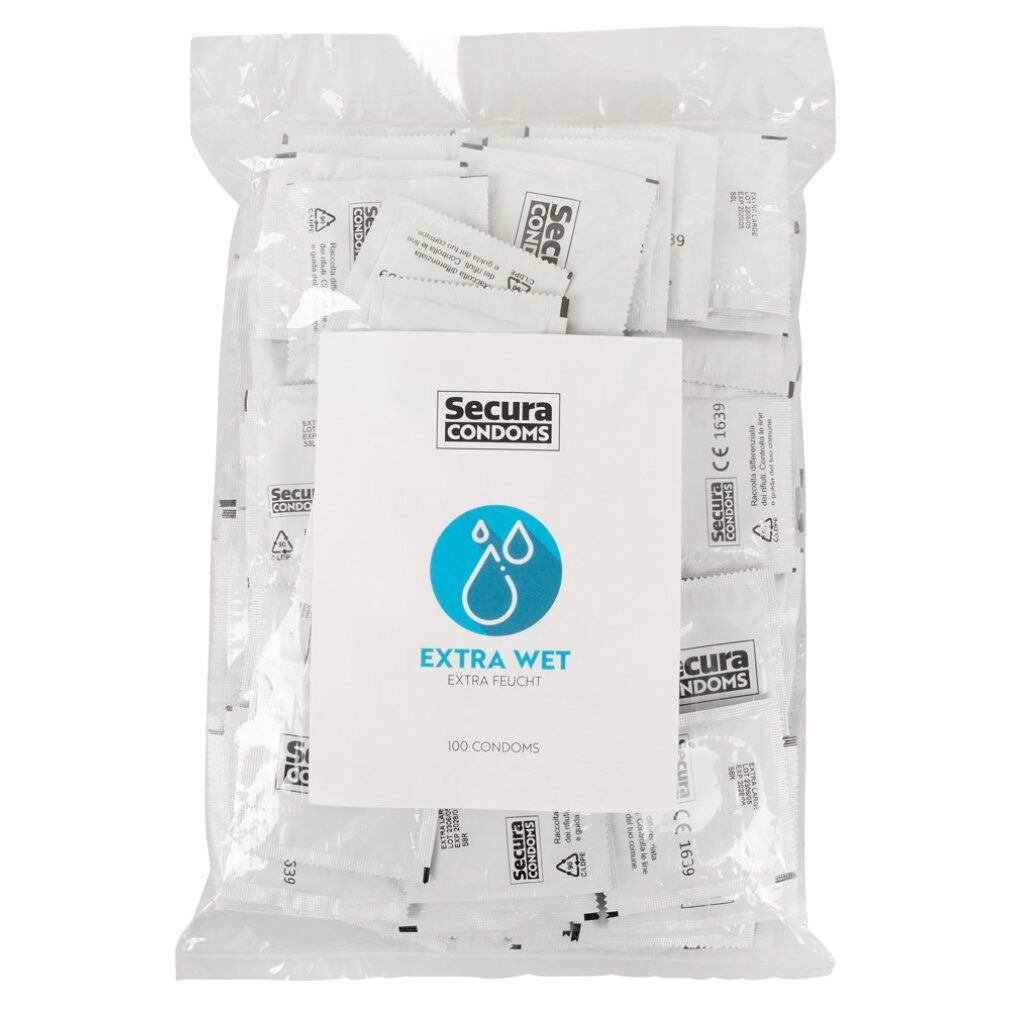 Beutel mit Kondomen. Aufdruck: Secura, Extra Wet, 100 Kondome. Einzelverpackungen sichtbar.