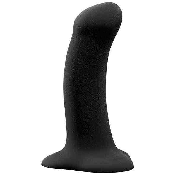 Schwarzer Dildo mit gebogener Form. Basis und Spitze sind abgerundet.