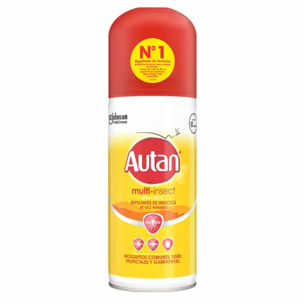 Autan Multi Insect Spray. Gelbe Dose mit rotem Deckel. Enthält Text und Logo.