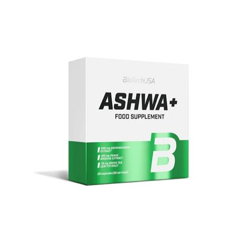 Weiße Schachtel mit grünem Streifen. Aufschrift: Ashwa+ Food Supplement. Marke: BioTechUSA. Enthält 30 Kapseln.
