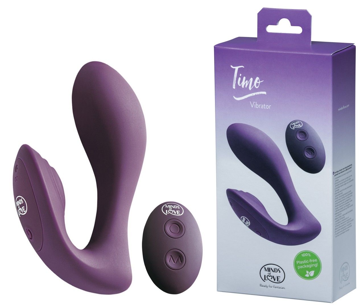 Lila Vibrator und Fernbedienung neben Verpackung. Verpackung mit Timo Vibrator, Logo und Text.